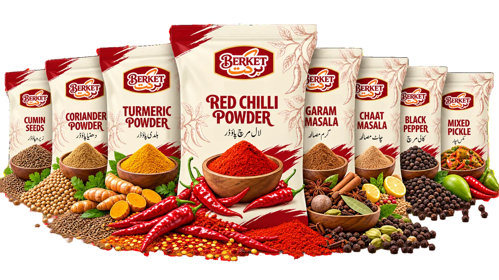 The BERKET range: cumin, coriander, turmeric, red chilli, garam masala, chaat masala, black pepper and mixed pickle packs